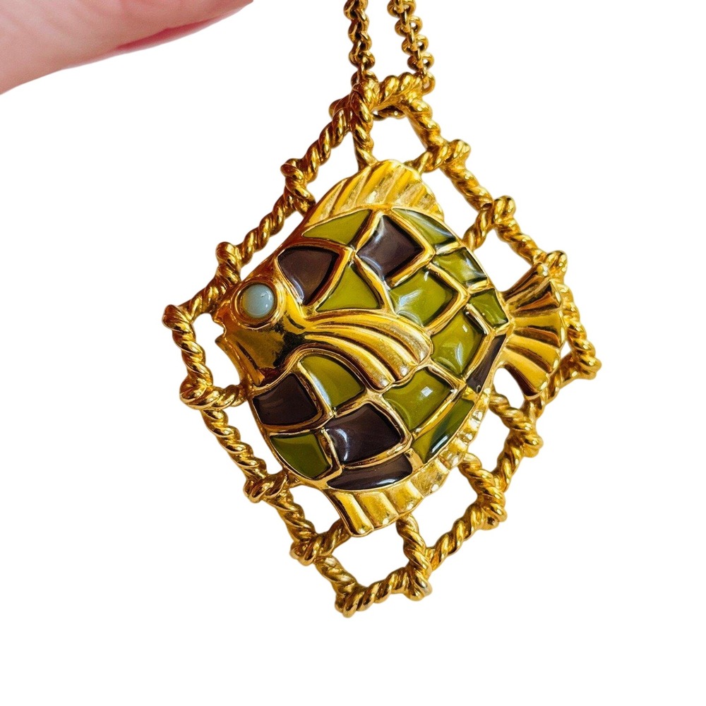 VTG Trifari Plique A Jour Fish Signed Necklace Glass Mosaic Gold Whimsical 30"